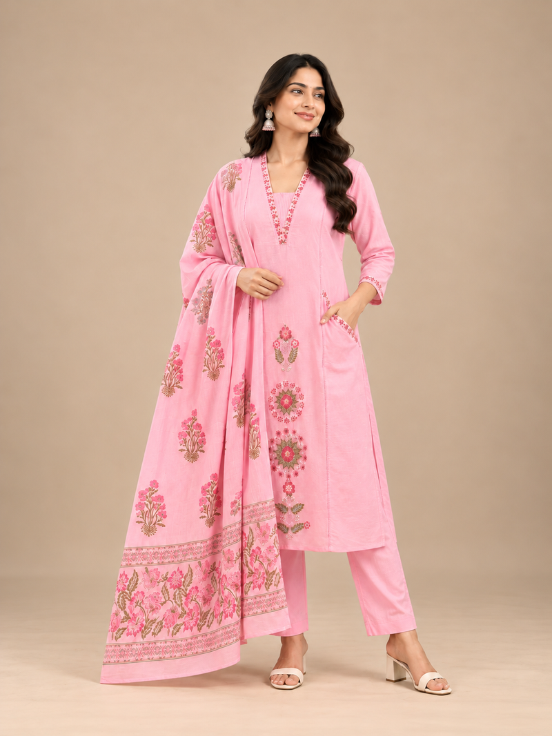 Pink Premium Cotton Floral Embroidered Suit Set