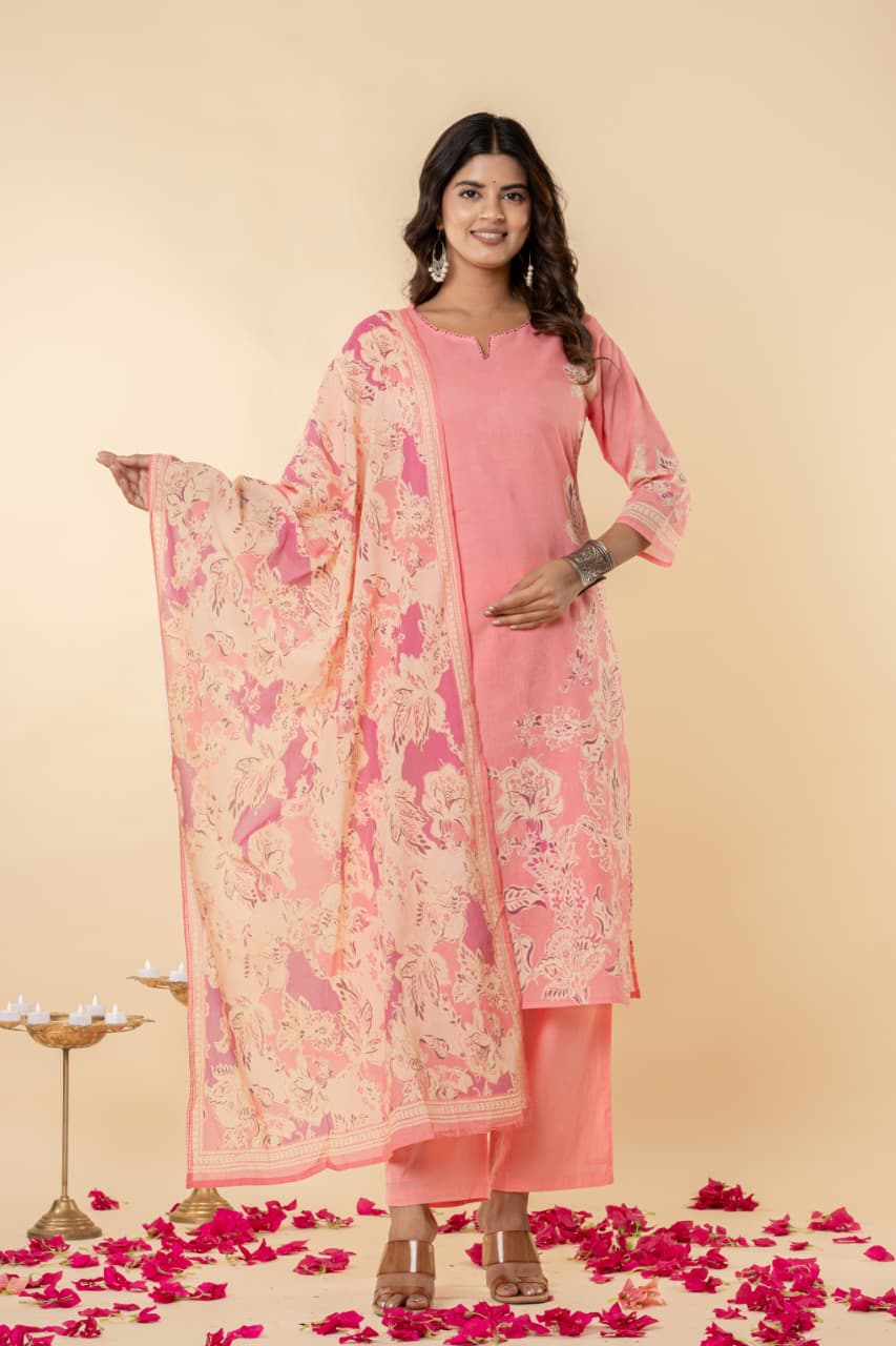 Cotton Mul Suit Set, Digital Floral Print, Intricate Handwork, Full Lining, Lightweight