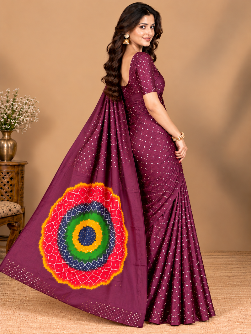 Premium Modal Silk Wine Color Saree with Mirror Work & Designer Border