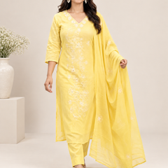 Light Yellow Kota Doria Suit Set with Floral Embroidery