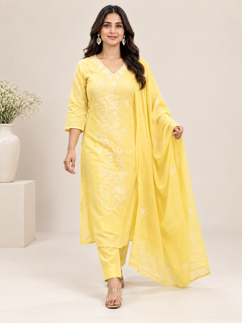 Light Yellow Kota Doria Suit Set with Floral Embroidery