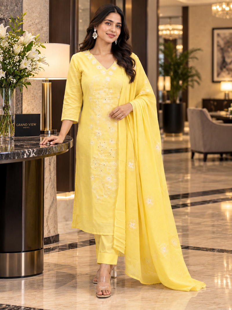 Light Yellow Kota Doria Suit Set with Floral Embroidery