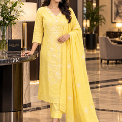 Light Yellow Kota Doria Suit Set with Floral Embroidery