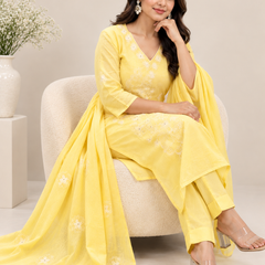 Light Yellow Kota Doria Suit Set with Floral Embroidery