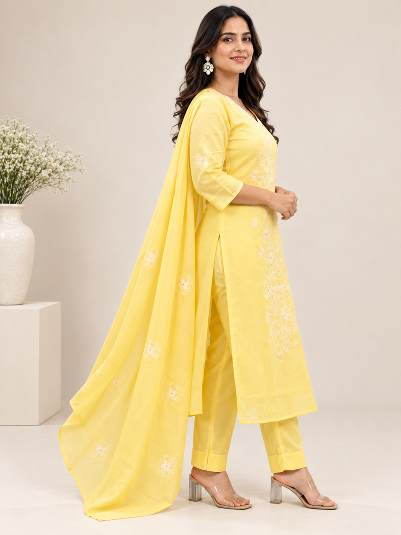 Light Yellow Kota Doria Suit Set with Floral Embroidery