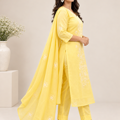 Light Yellow Kota Doria Suit Set with Floral Embroidery