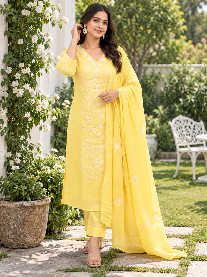 Light Yellow Kota Doria Suit Set with Floral Embroidery