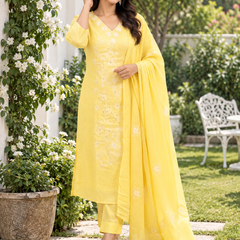 Light Yellow Kota Doria Suit Set with Floral Embroidery