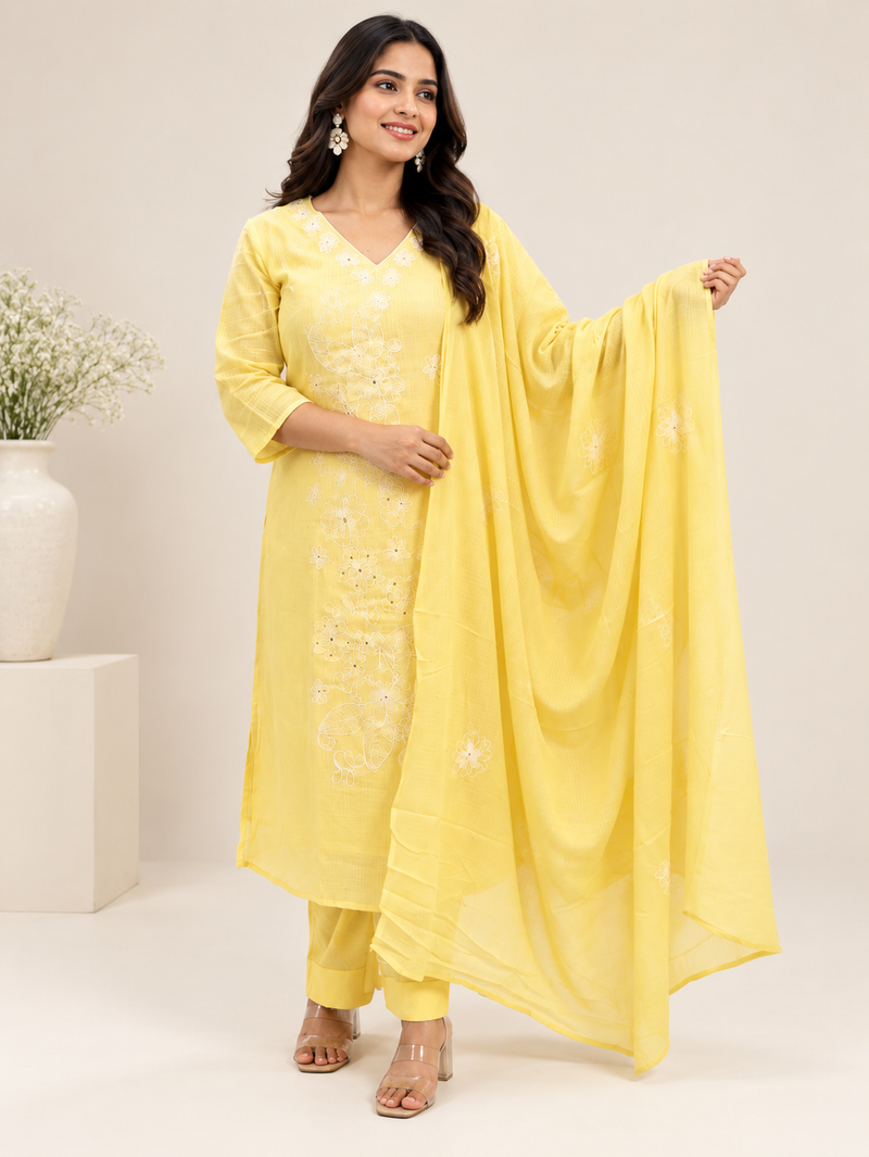 Light Yellow Kota Doria Suit Set with Floral Embroidery