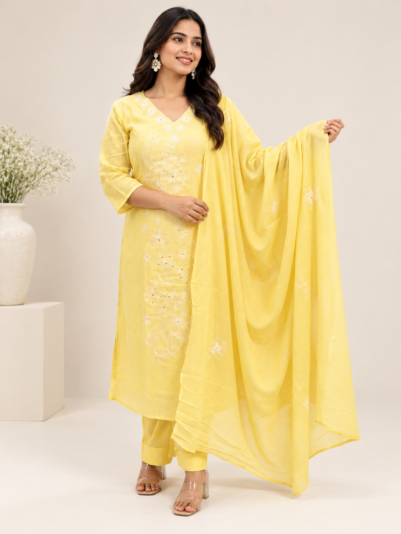 Light Yellow Kota Doria Suit Set with Floral Embroidery