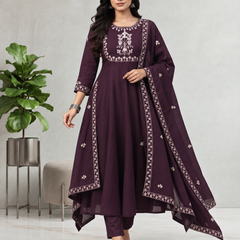 Dark Purple Embroidered Anarkali With Dupatta