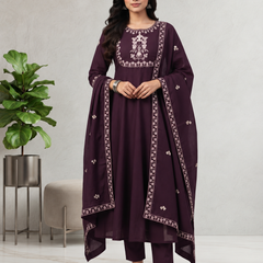 Dark Purple Embroidered Anarkali With Dupatta