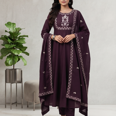 Dark Purple Embroidered Anarkali With Dupatta