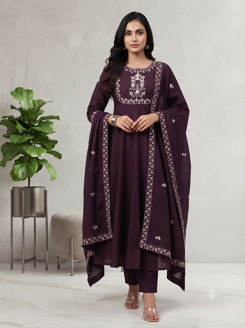 Dark Purple Embroidered Anarkali With Dupatta