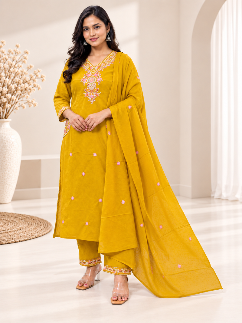 Yellow Floral Embroidered Suit with Dupatta