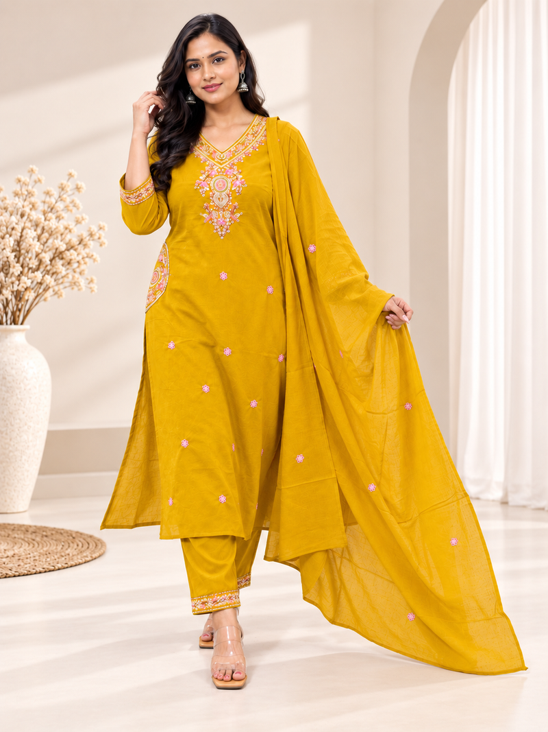 Yellow Floral Embroidered Suit with Dupatta