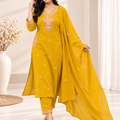 Yellow Floral Embroidered Suit with Dupatta