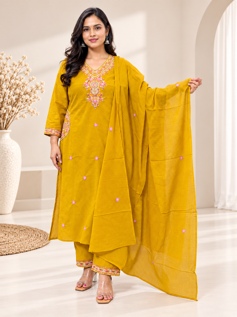 Yellow Floral Embroidered Suit with Dupatta