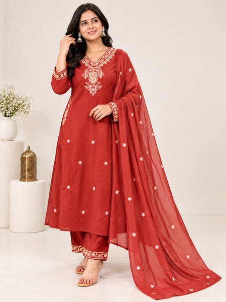 Red Embroidered Suit with Matching Dupatta