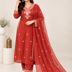 Red Embroidered Suit with Matching Dupatta
