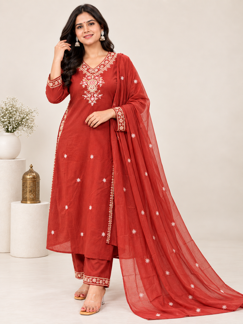 Red Embroidered Suit with Matching Dupatta