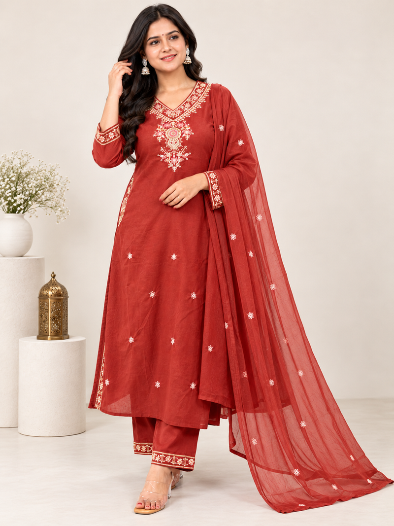 Red Embroidered Suit with Matching Dupatta