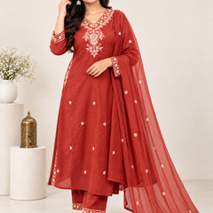 Red Embroidered Suit with Matching Dupatta