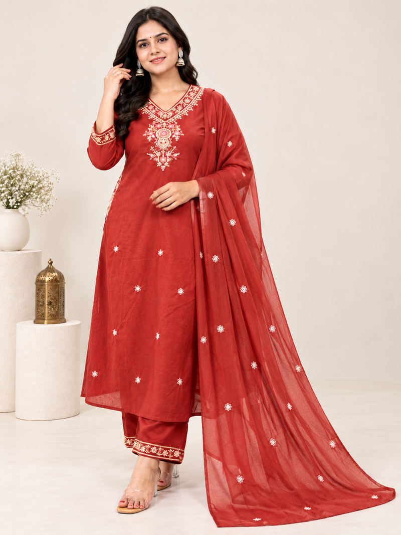 Red Embroidered Suit with Matching Dupatta