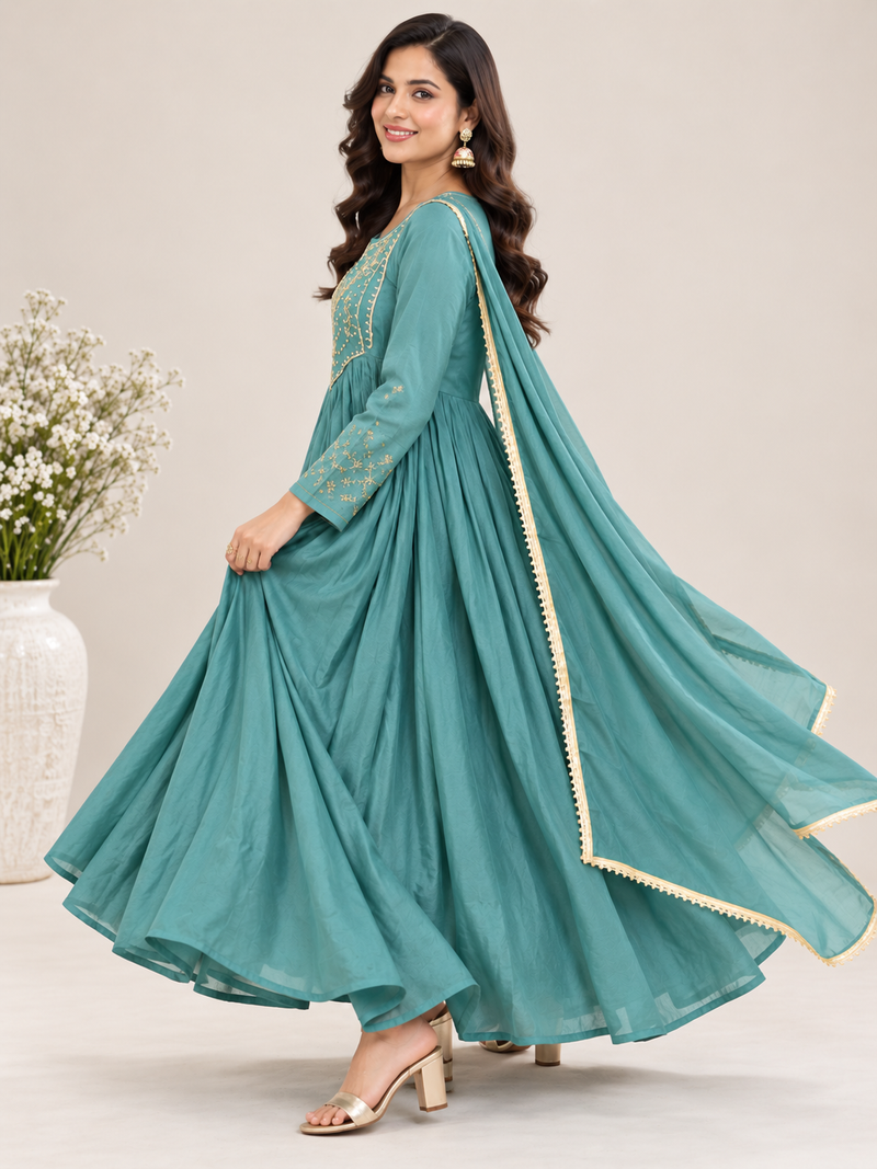 Teal Embroidered Ethnic Anarkali Set
