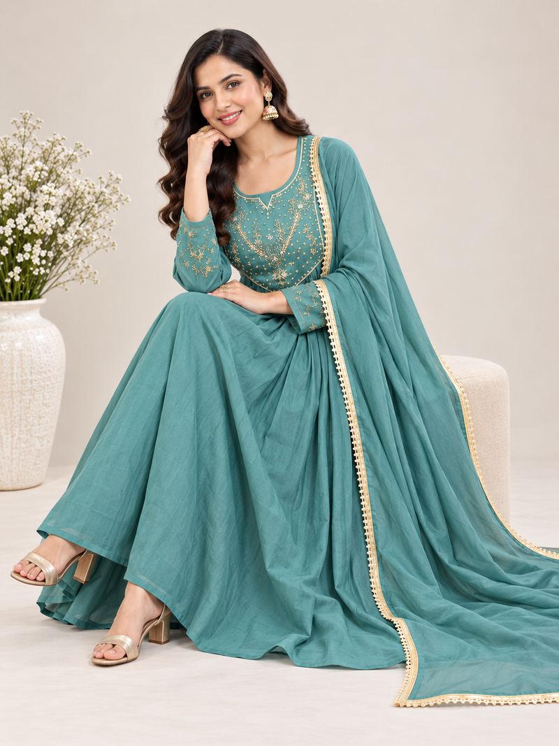 Teal Embroidered Ethnic Anarkali Set