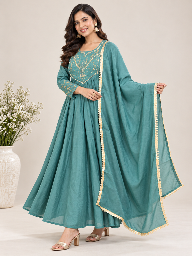Teal Embroidered Ethnic Anarkali Set