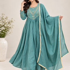 Teal Embroidered Ethnic Anarkali Set