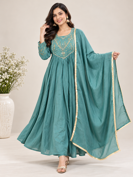 Teal Embroidered Ethnic Anarkali Set