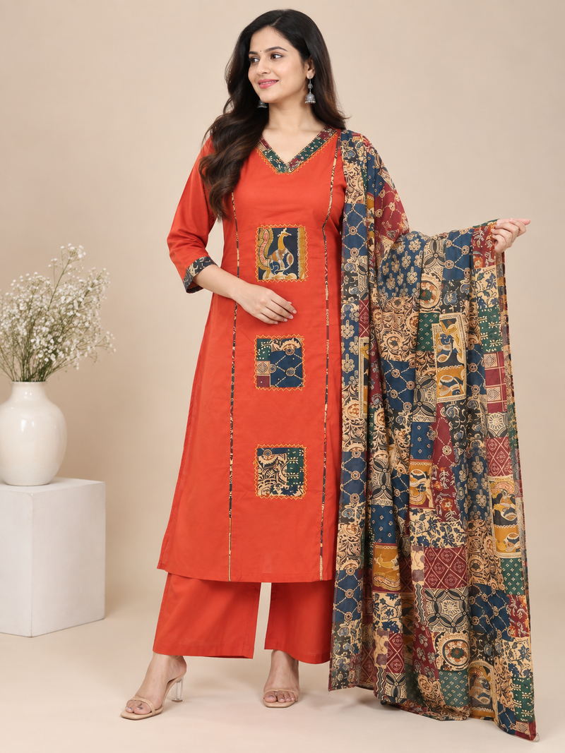 Orange Printed Embroidered Suit Set