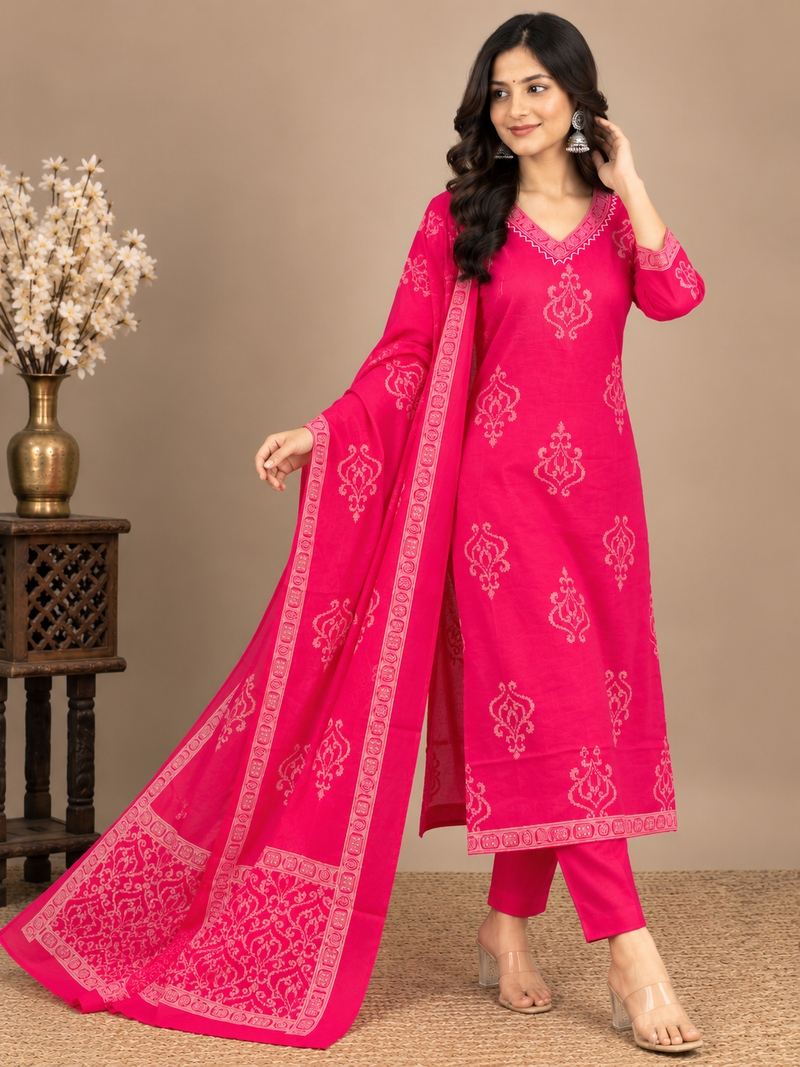 Magenta Embroidered Cotton Suit Set for Women