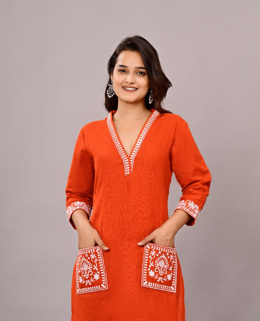 Women’s Rust Orange Embroidered Cotton Kurta Set with Straight Pants