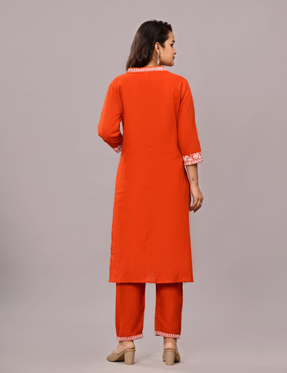 Women’s Rust Orange Embroidered Cotton Kurta Set with Straight Pants