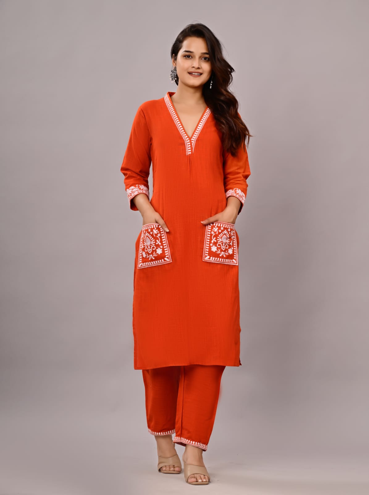 Women’s Rust Orange Embroidered Cotton Kurta Set with Straight Pants