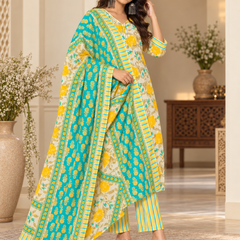 Turquoise Yellow Floral Printed Premium Cotton Suit Set