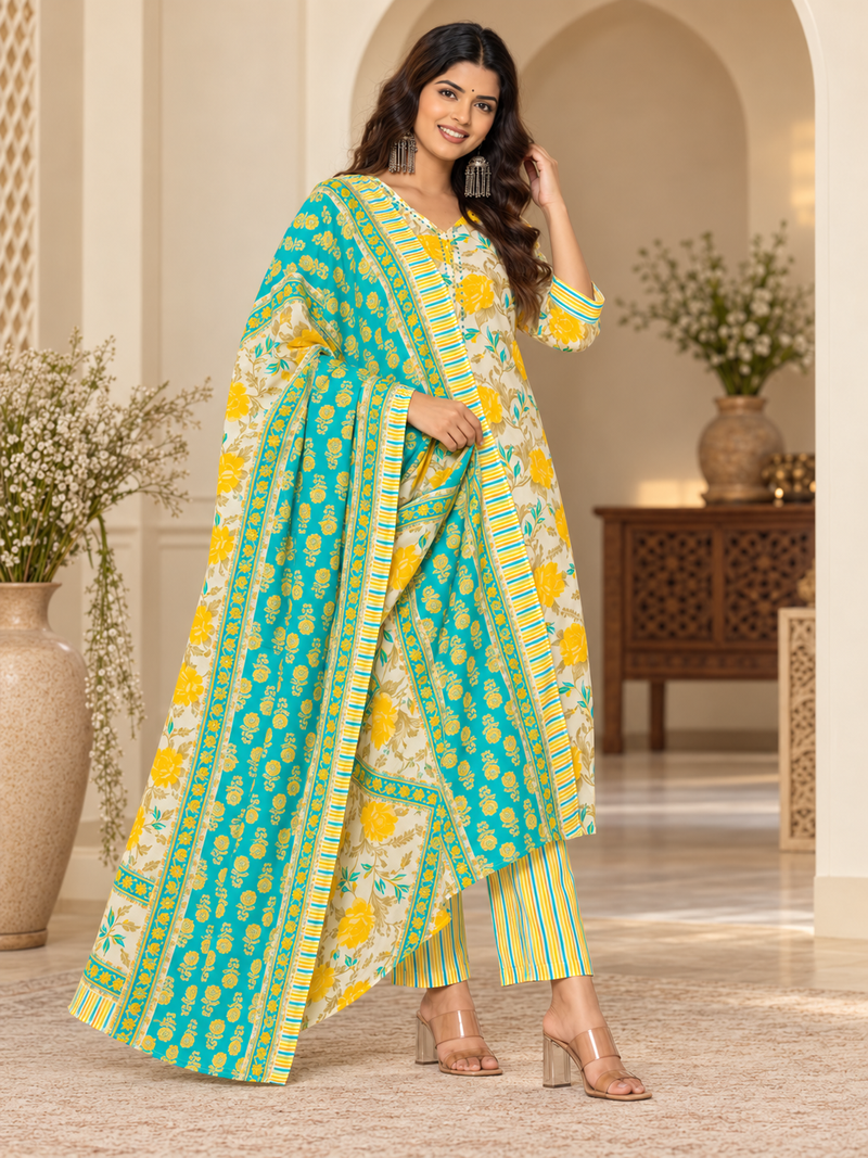 Turquoise Yellow Floral Printed Premium Cotton Suit Set
