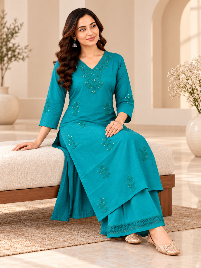 Teal Blue Embroidered Kurta Set