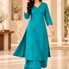 Teal Blue Embroidered Kurta Set