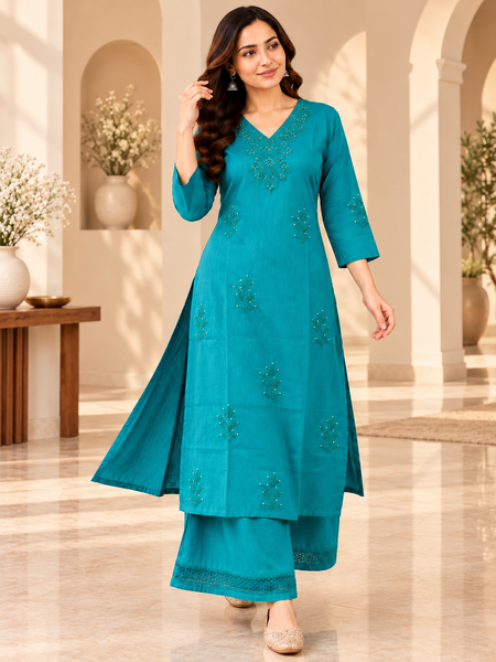 Teal Blue Embroidered Kurta Set
