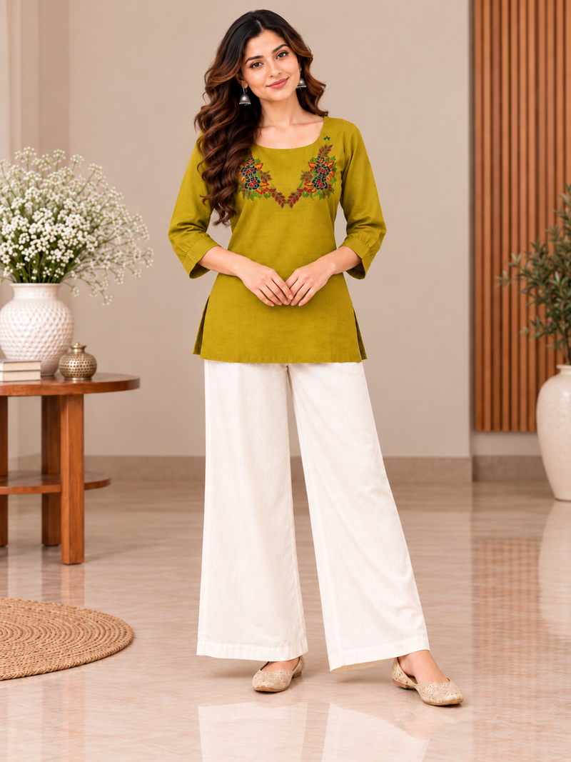 Olive Green Embroidered Kurti Set