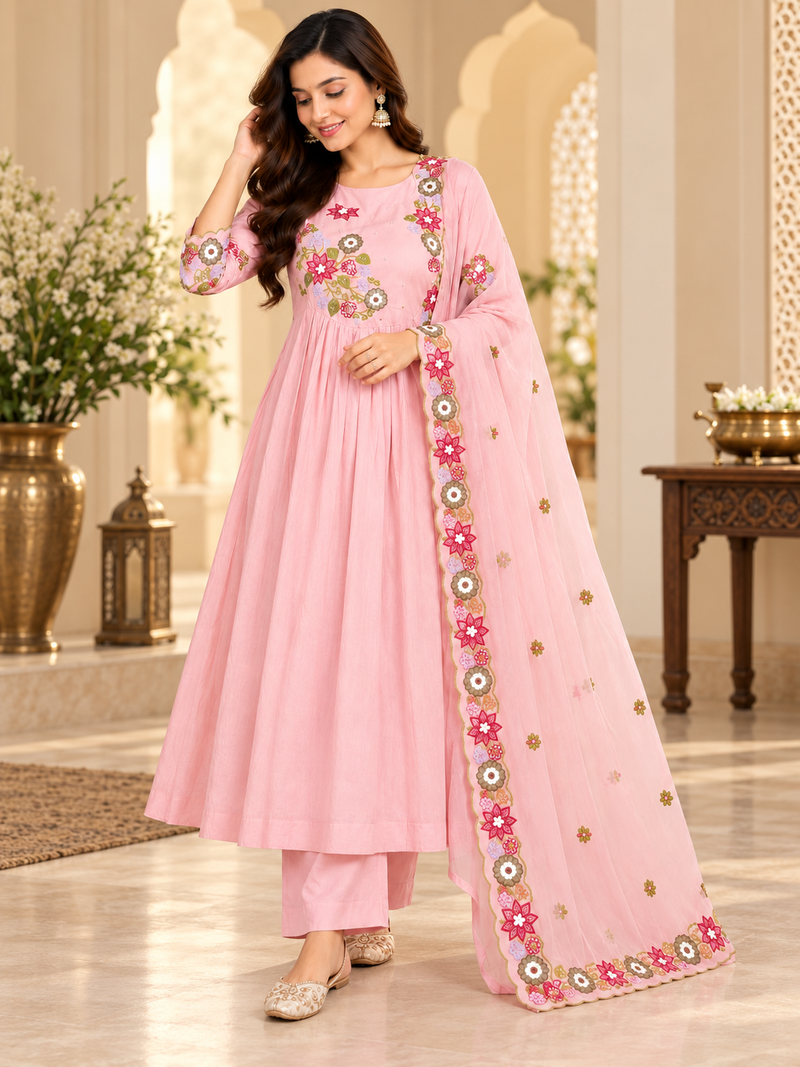 Pink Floral Embroidered Anarkali Set