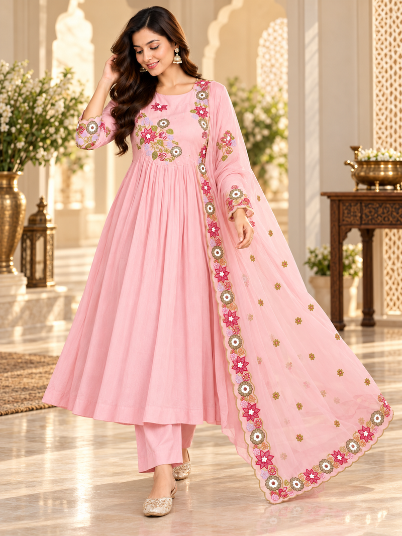 Pink Floral Embroidered Anarkali Set