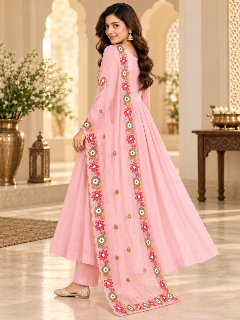 Pink Floral Embroidered Anarkali Set