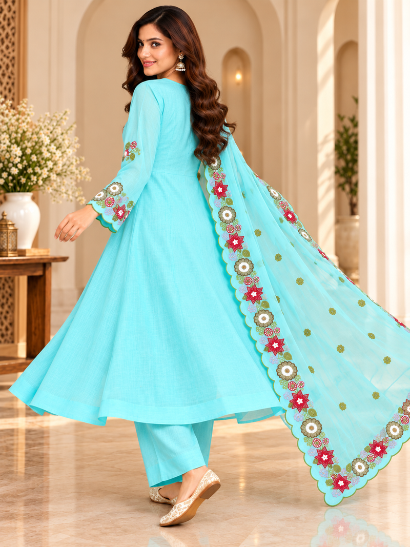 Aqua Blue Floral Embroidered Anarkali Set