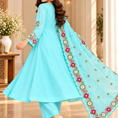 Aqua Blue Floral Embroidered Anarkali Set
