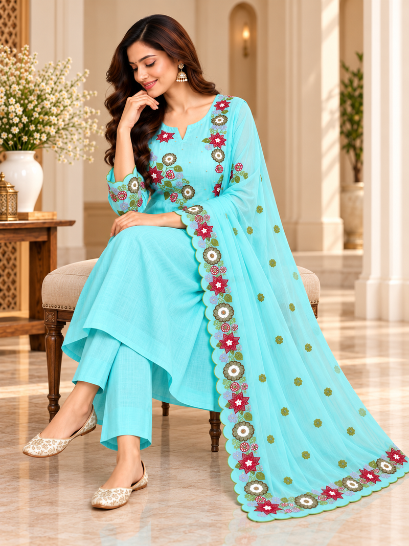 Aqua Blue Floral Embroidered Anarkali Set